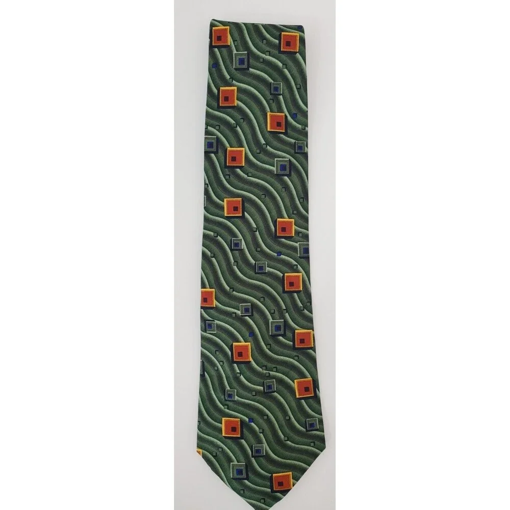 Parksdera Pure Silk Hand Made Men's Tie Green Orange Waves Square