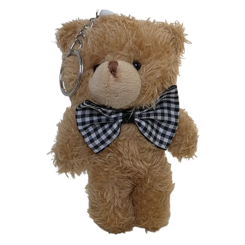 Teddy Bear Keychain Bag Charm Brown Plush Bear with Gingham Bow Tie 4.5 Inch‎