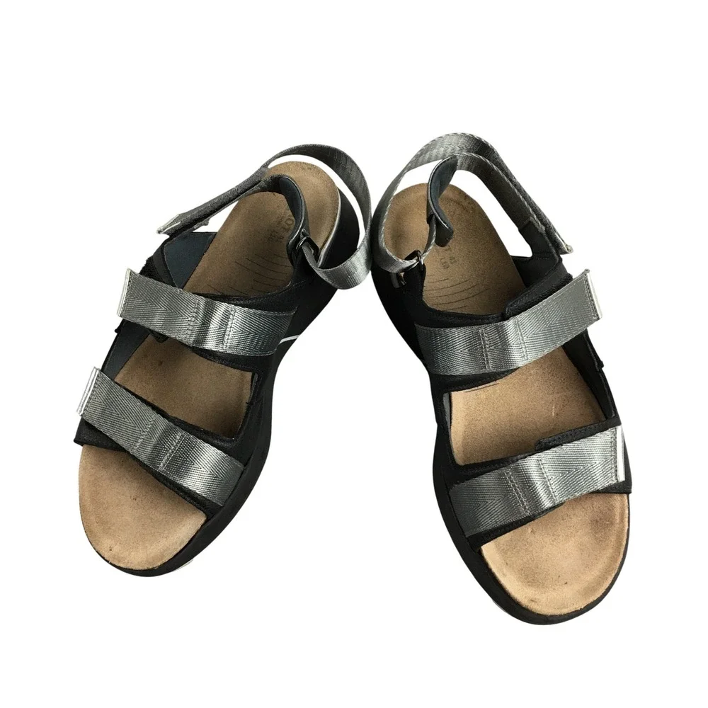 Naot Apollo Women 41 L10 Black Silver Metallic Leather Strappy Sport‎ Sandals
