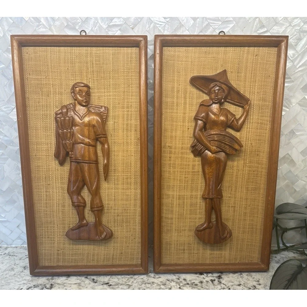 2 Vintage 1960s Mid Century Carved Teak Woman‎ and Man Wall Plaques 15x8in wood