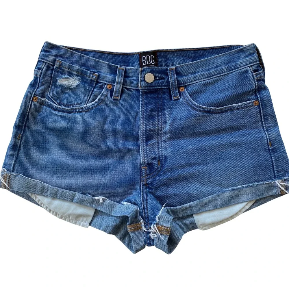 BDG Denim‎ Shorts Women 28 Blue High Rise Button Fly Distressed Cuffed Festival