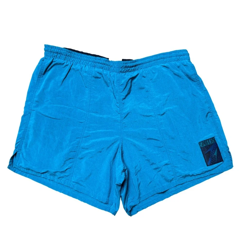 Vintage Speedo Mens‎ Teal Blue Crinkle Nylon Swim Trunks Mesh Lined Shorts Sz L