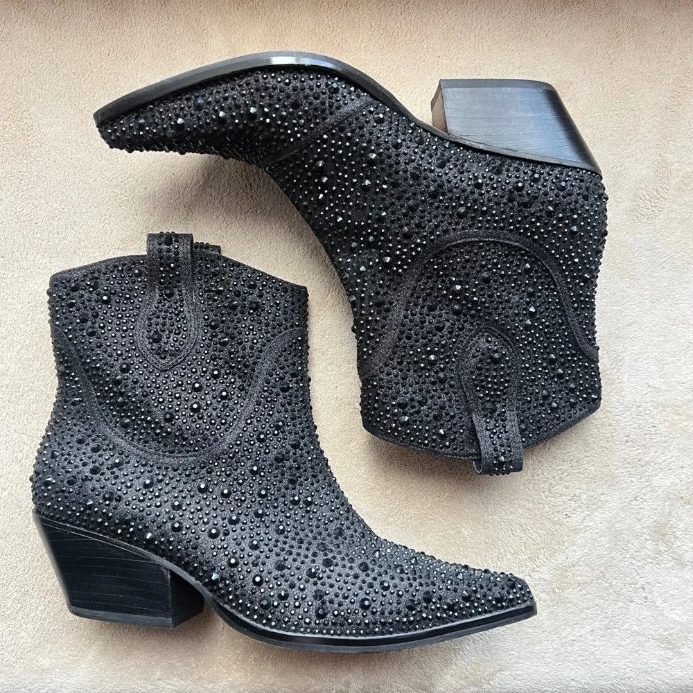 Jessica Simpson‎ 9 M Black Rhinestone Western Ankle Boots Pointed Toe Block Heel