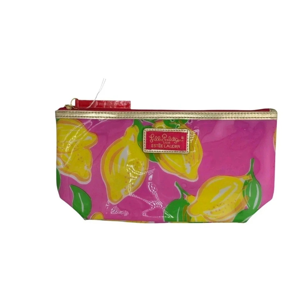 Lilly Pulitzer Estee Lauder makeup‎ bag Lipstick Flowers Pink/Green Lemons