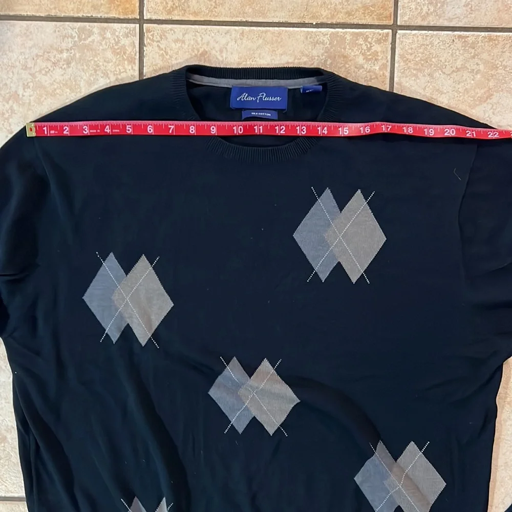 Alan Flusser Silk Cotton Blend‎ Navy Blue Golf Sweater Argyle Design, Sz XXL