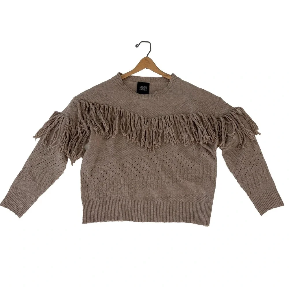 Knit Fringe Pullover Women Sweater S/M Beige Boho Festival Tassel Western Cowgir