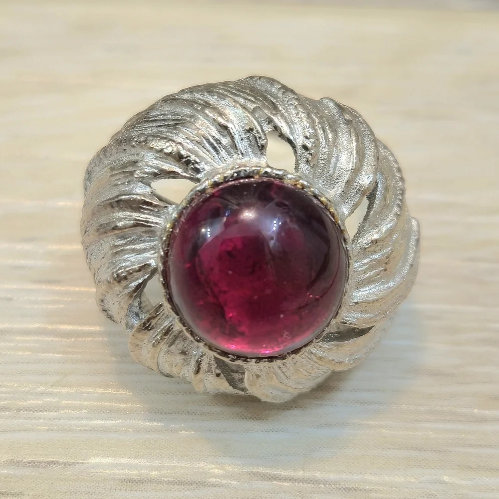 Vintage Modernist Ruby Red Glass Brutalist Statement Ring Adjustable