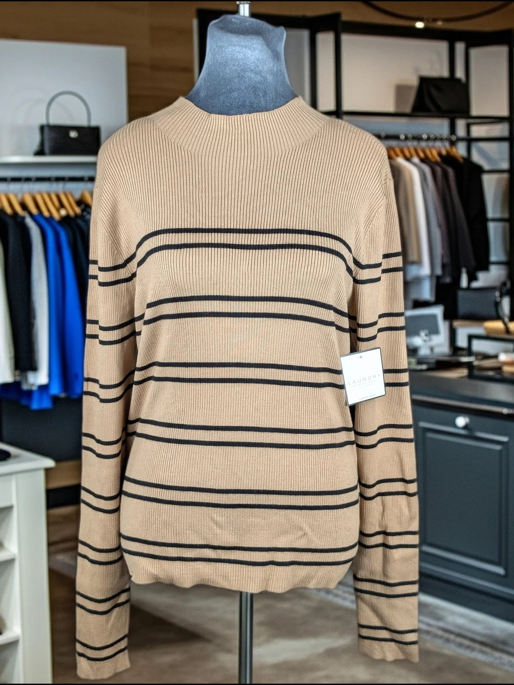 Laundry‎ by Shelli Segal Camel Black Stripe Knit Crewneck Sweater Women's XL