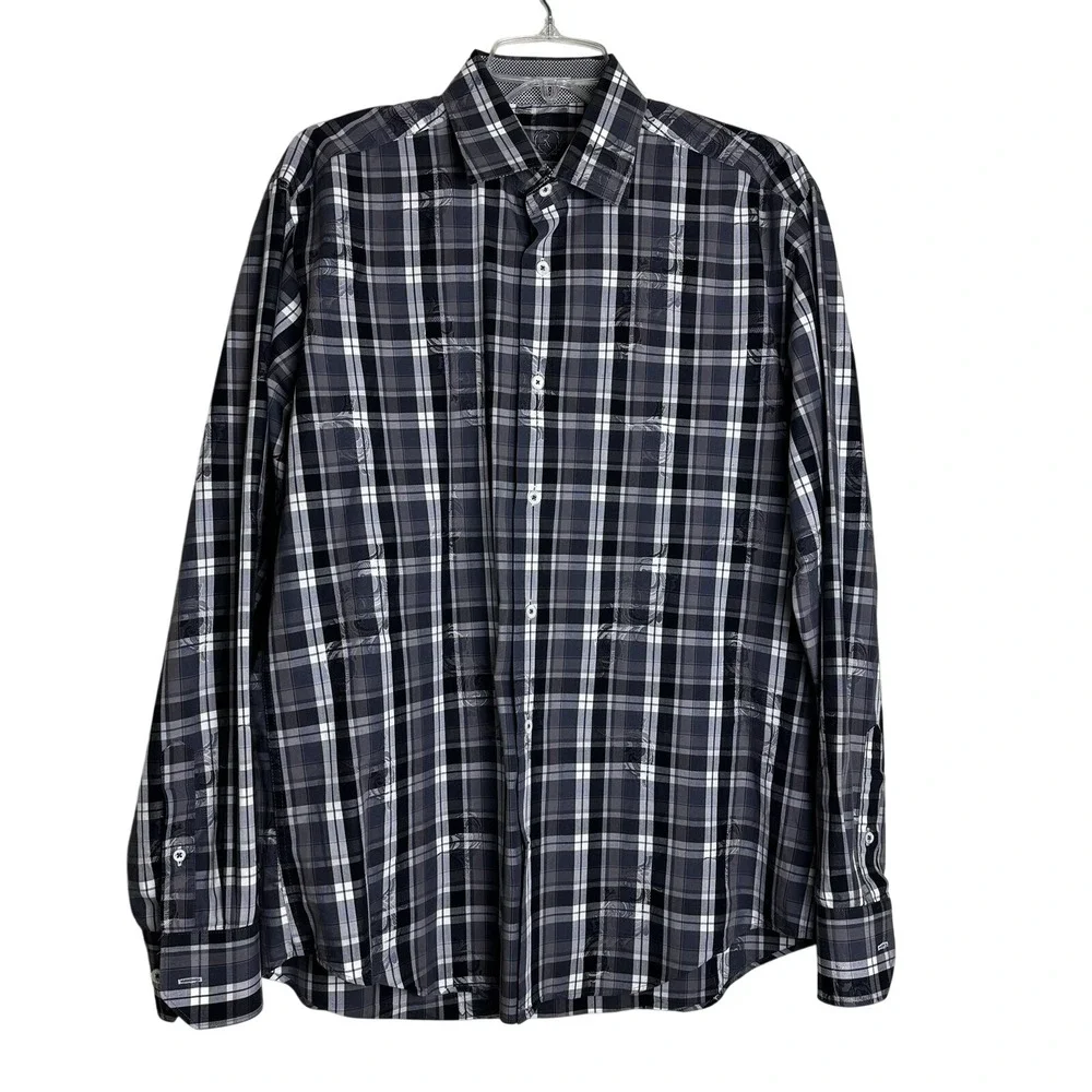 Bugatchi Uomo Mens‎ Grey Black Plaid Paisley Jacquard Shaped Fit Shirt Size M