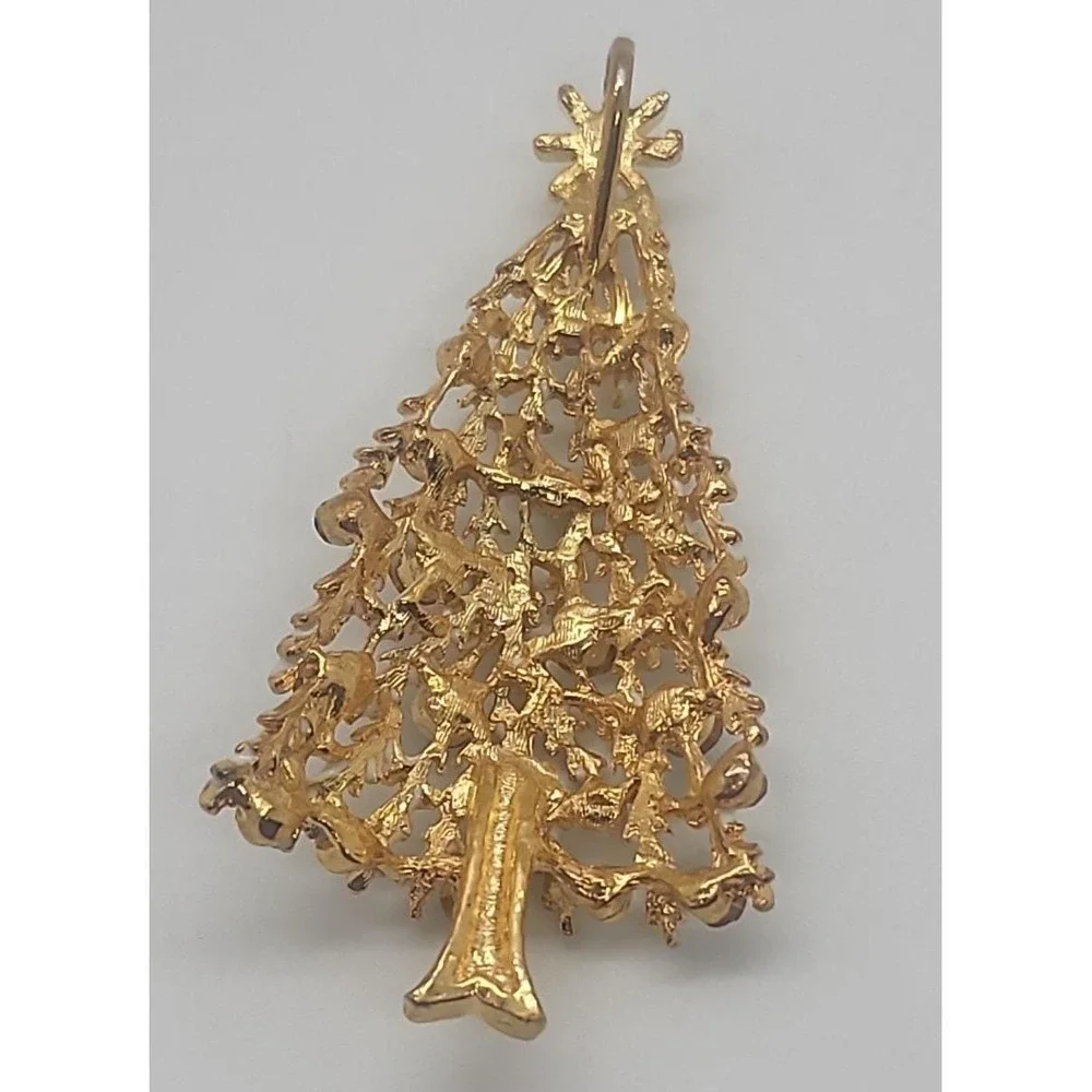 Vintage gold tone white enamel colorful rhinestone‎ Christmas Tree pendant
