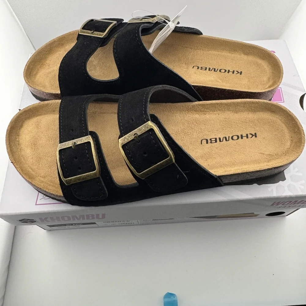 Khombu Ashville Sandals Womens 8 Black NIB Suede Leather Cork Slide Buckle Shoes