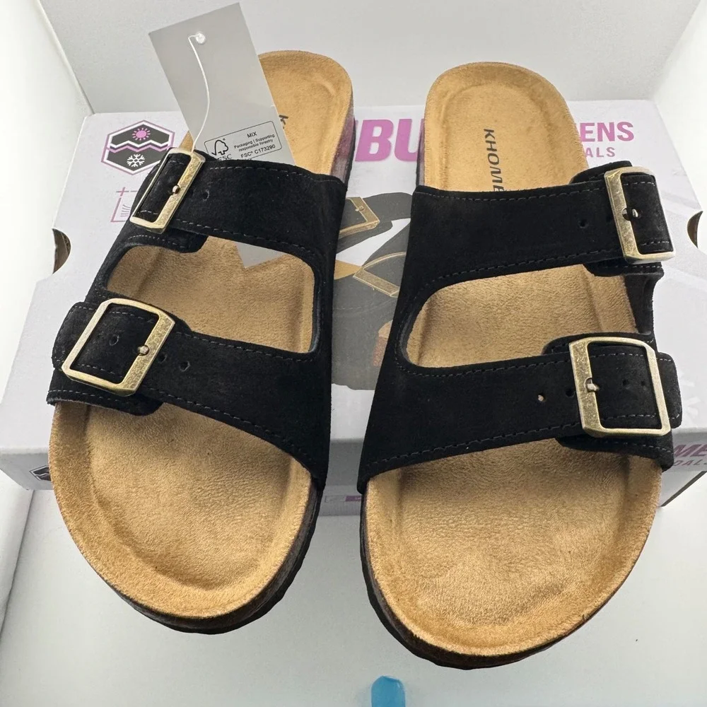 Khombu Ashville Sandals Womens 8 Black NIB Suede Leather Cork Slide Buckle Shoes