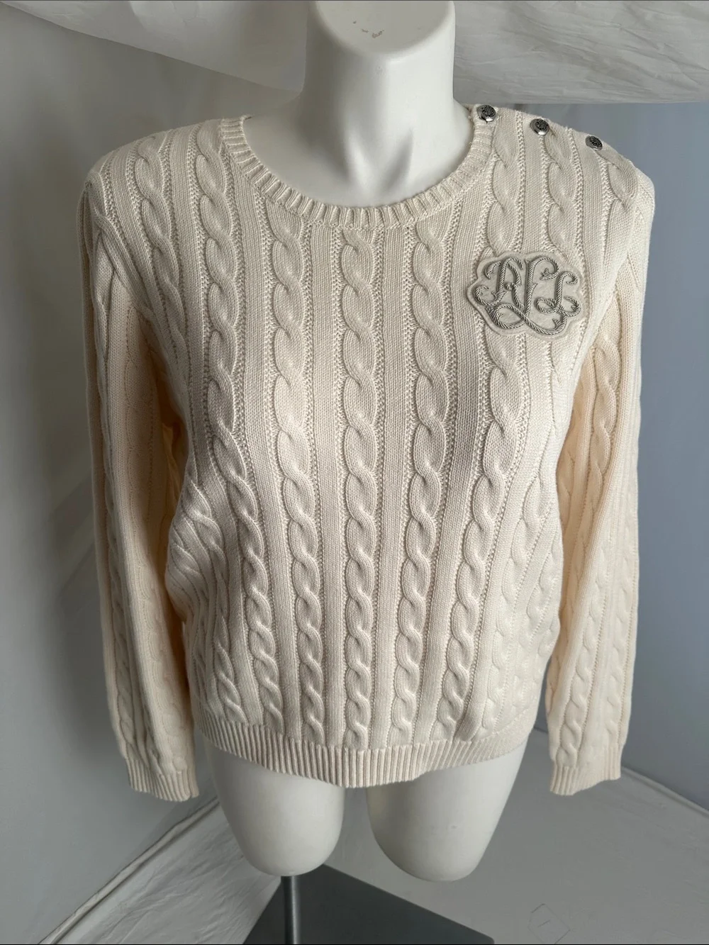 Ralph Lauren Winter Cream cable knit crew neck sweater with appliqué & buttons