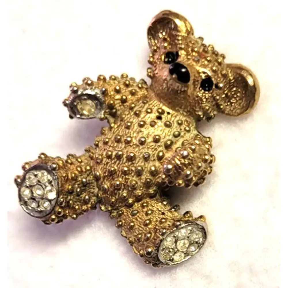 TEDDY BEAR Pin Brooch Goldtone Hobnail Bumpy Rhinestone Enamel Eyes Twee Y2K