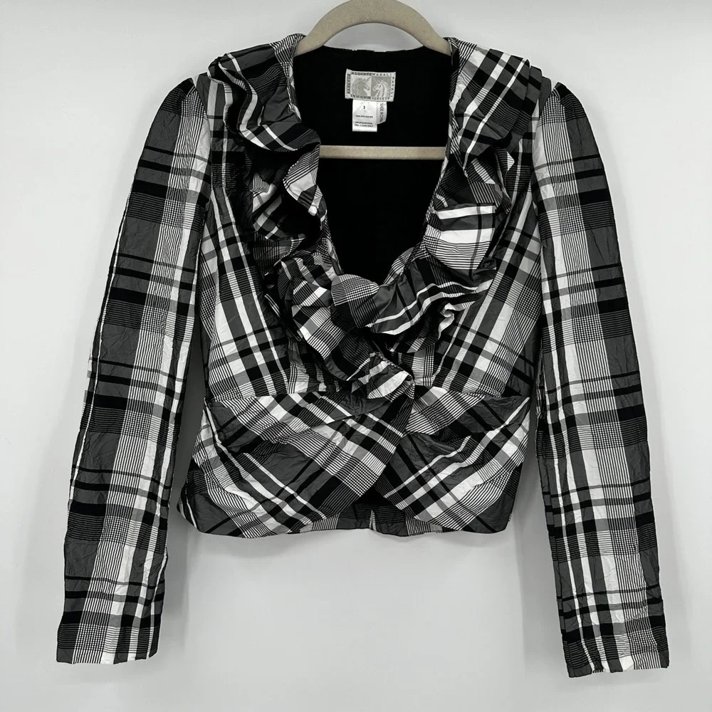 Alberto Makali Women's‎ Size 2 Black White Plaid Ruffle Blazer Jacket Snap Front