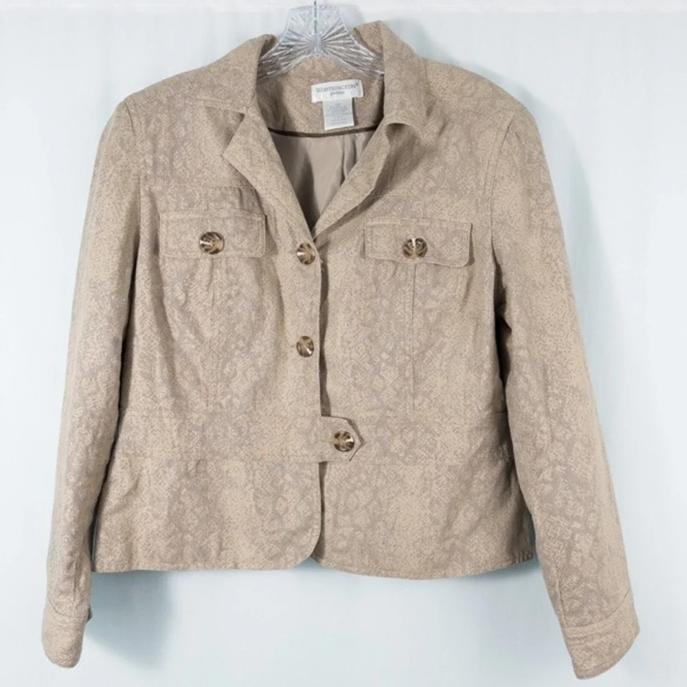 Worthington Linen Blend Blazer Jacket Women Size 14P Tan Snakeskin Lined Neutral