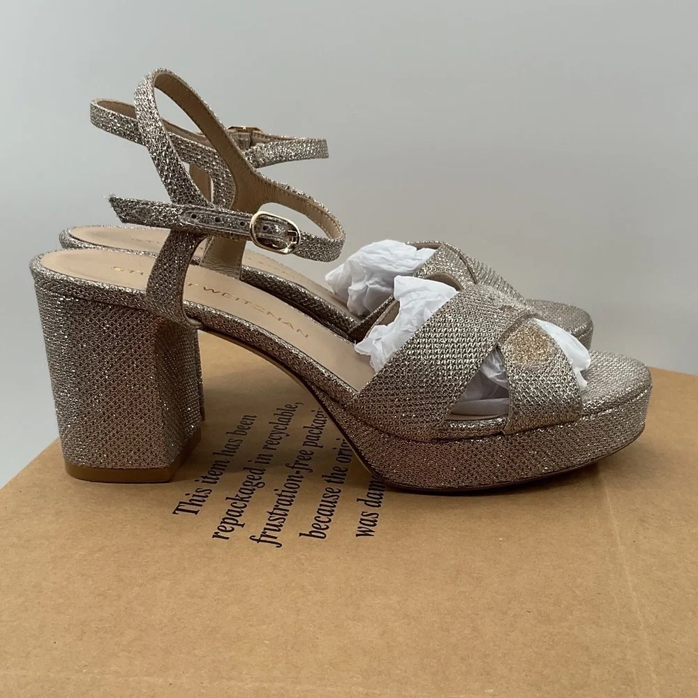 Stuart Weitzman‎ Metallic Champagne Glitter Platform Block Heel Sandals Spain 9
