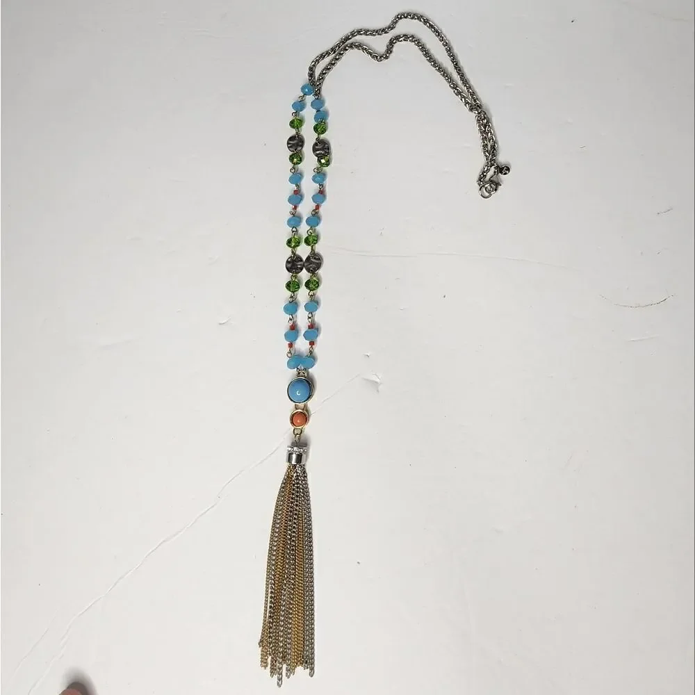 LOFT Brushed Silver Turquoise Orange Green Pendant Fringe Necklace  41