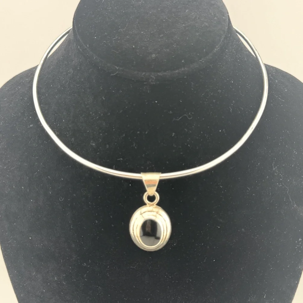 Sterling Silver and Onyx Sterling Pendant‎ and Collar Necklace