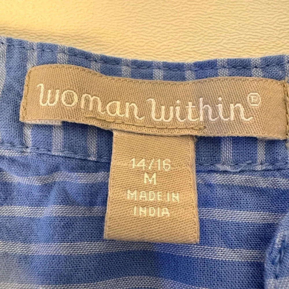 Woman Within Tunic Women 14/16 M Blue 3/4‎ Sleeve Striped Eyelet Cotton Babydoll