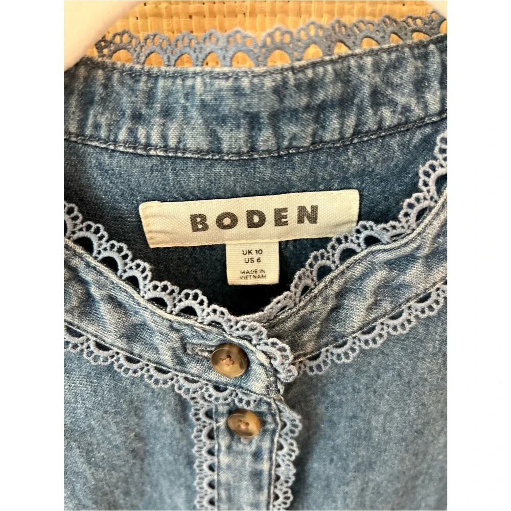 Boden Rhea Trim Insert Denim Button Up Top Blouse Light Vintage Sz 6