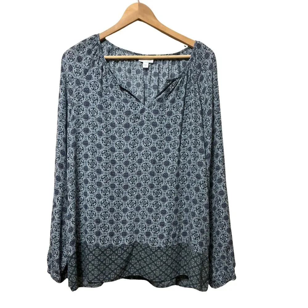 J Jill Womens Top Med Blue Geometric Boho Split Neck Long Sleeve Rayon Blouse