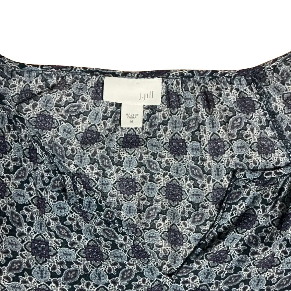 J Jill Womens Top Med Blue Geometric Boho Split Neck Long Sleeve Rayon Blouse