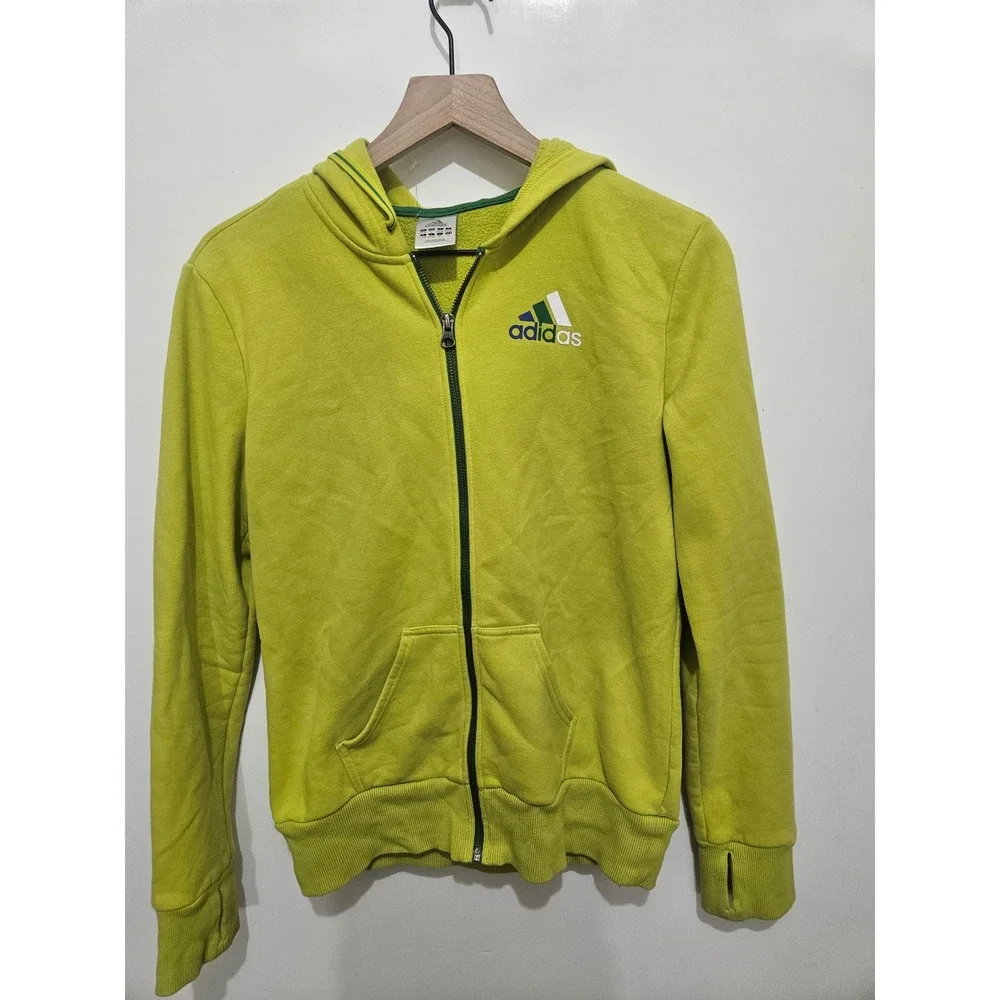 Adidas Womens Lime Green Full Zip Hoodie Thumbholes Size S Chartreuse Activewear
