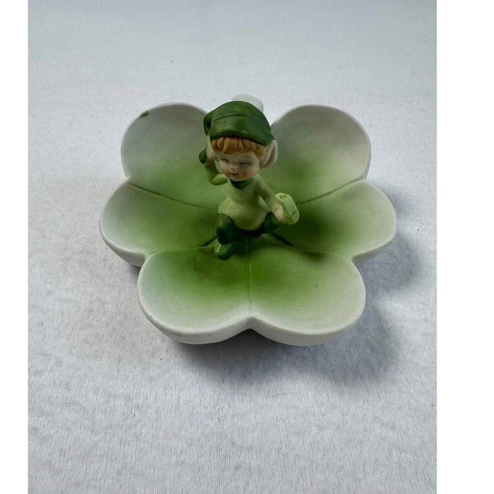 Vintage Brinn's‎ Pixie Elf Flower Trinket Dish Green Porcelain Figurine Taiwan