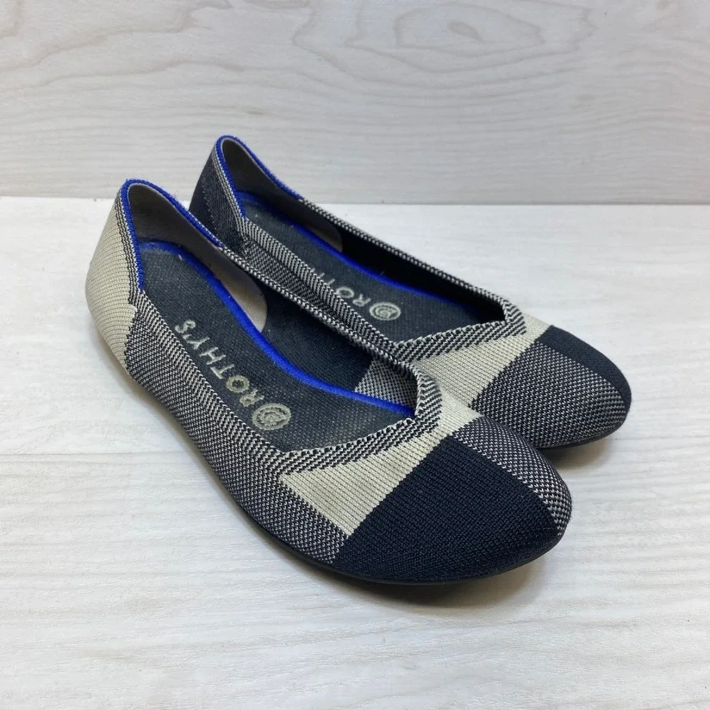 Rothys The Flat Navy Cream Colorblock Round Toe Knit Shoes Womens Size‎ 8
