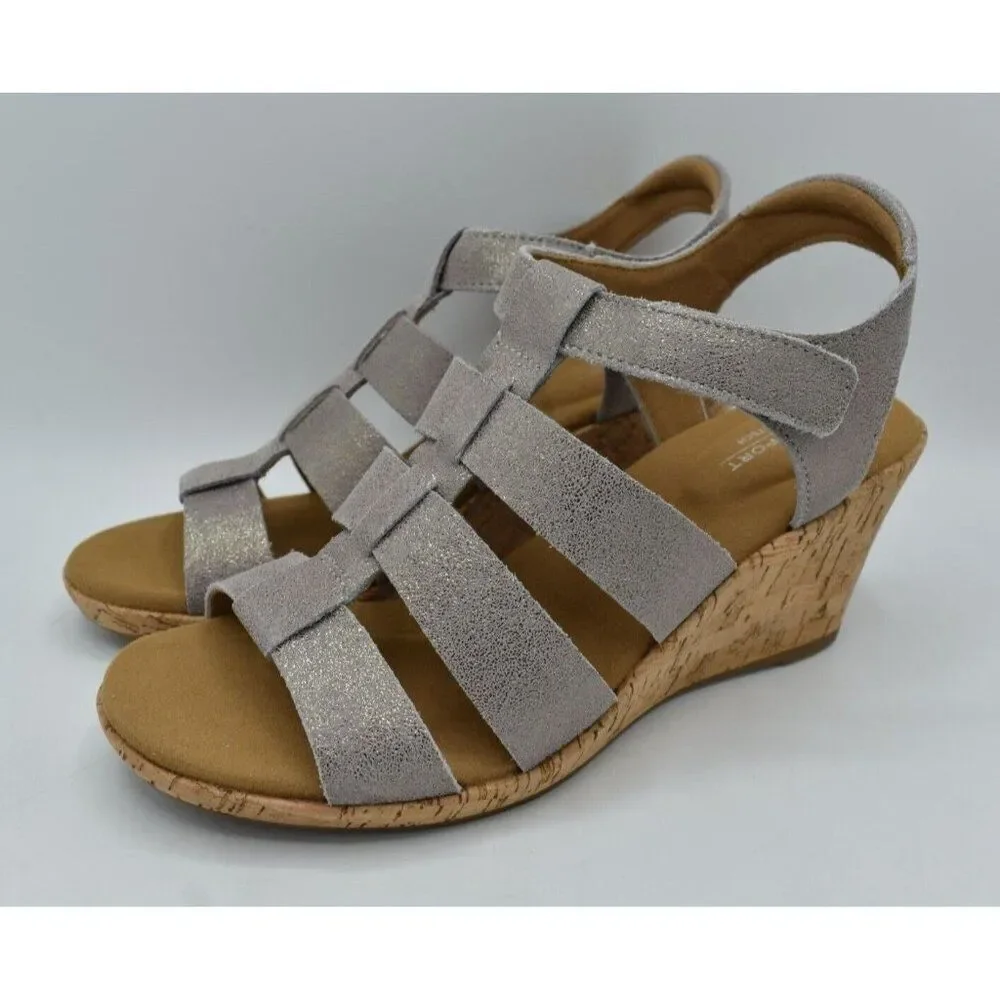 Rockport Womens Size 8 Briah New‎ Gladiator Metallic Leather Wedge Sandals Shoes