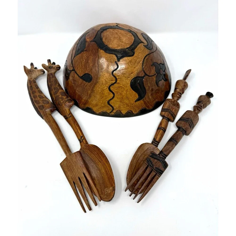 5pc Wood Serving Set 12in Bowl Spoon Fork Carved Giraffe Handles African