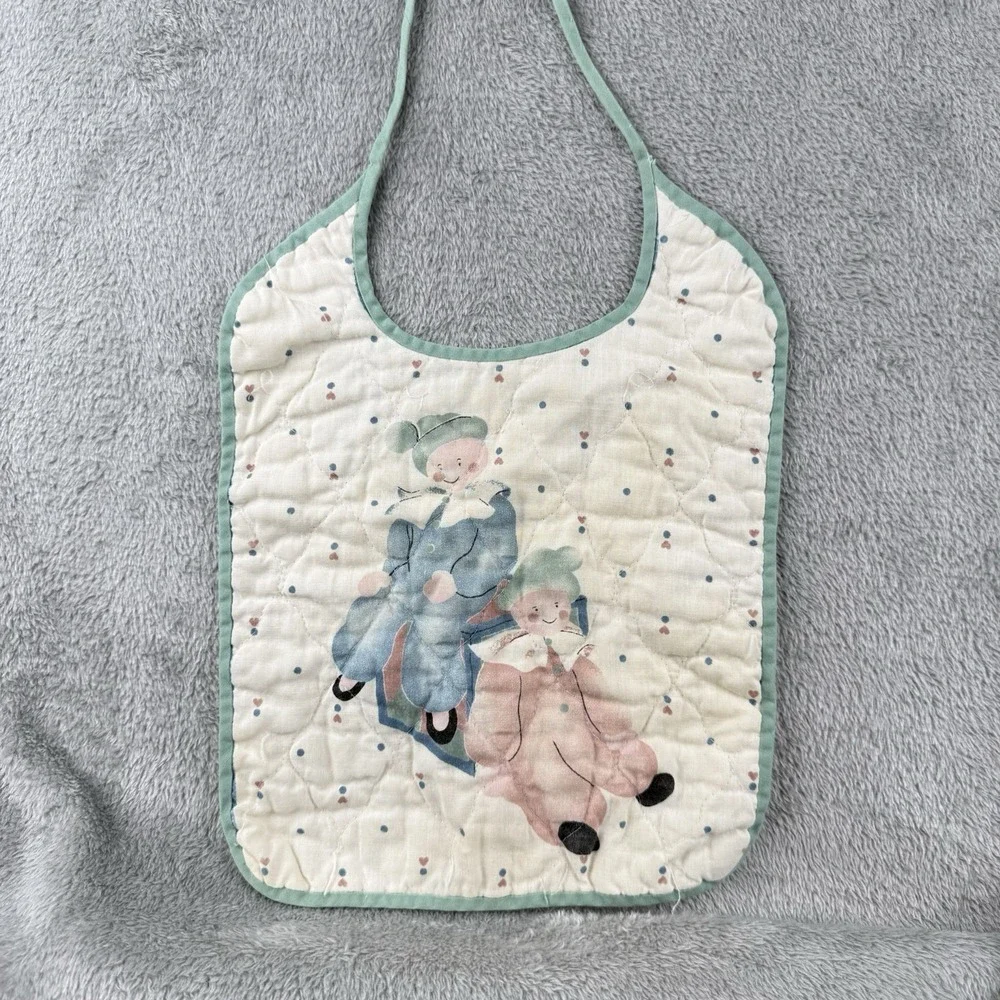 Vintage 1980s‎ Primitive Quilted Bib Clowns Handmade Baby Feeding Green White