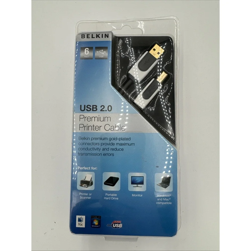 Belkin USB 2.0 Premium 6 Ft Printer Cable Gold Plated Connectors & Belkin strap.