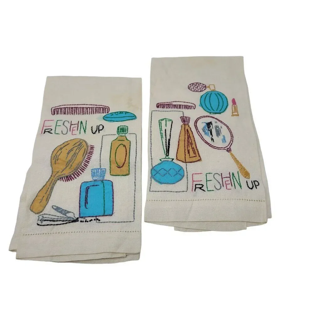 Vtg 60s Embroidered Linen Hand Towel Set Kitschy Vanity‎ Bathroom Prop Display