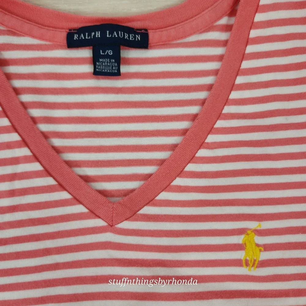 Ralph Lauren Girls/Youth Large Tshirt Stripe Raspberry Pink White‎ Short Sleeve