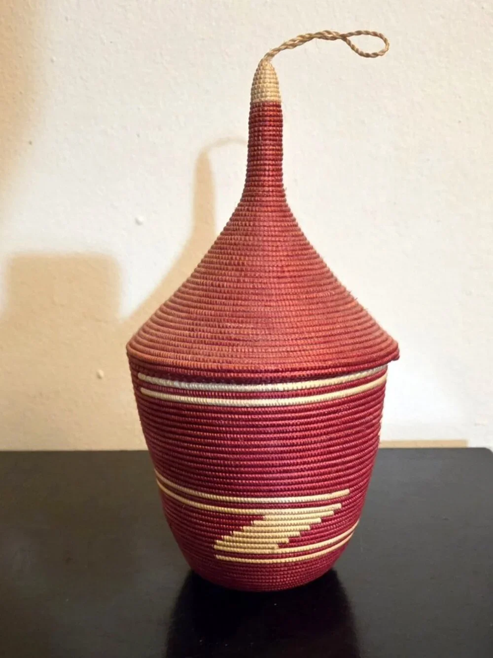Lidded basket; handmade Rwandan craft; red & cream; Certificate of Authenticity