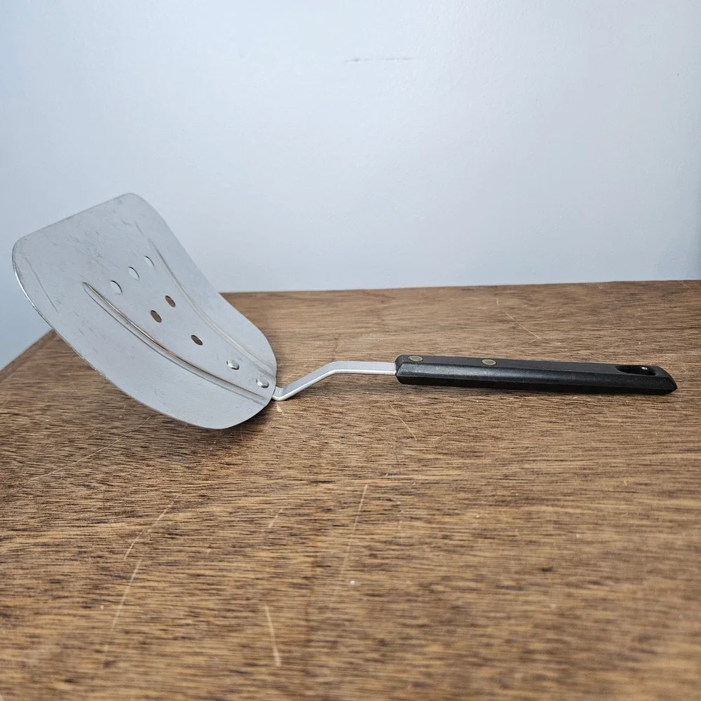 Vintage Stainless Steel Wide Slotted‎ Spatula Turner Japan Offset Black Handle
