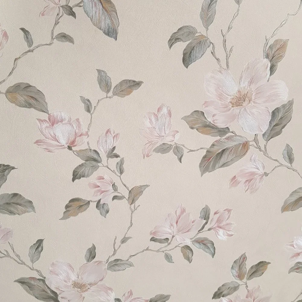 Vintage Vinyl Wallpaper Opalescent Rose w/Green Floral on Off-White *AS IS*