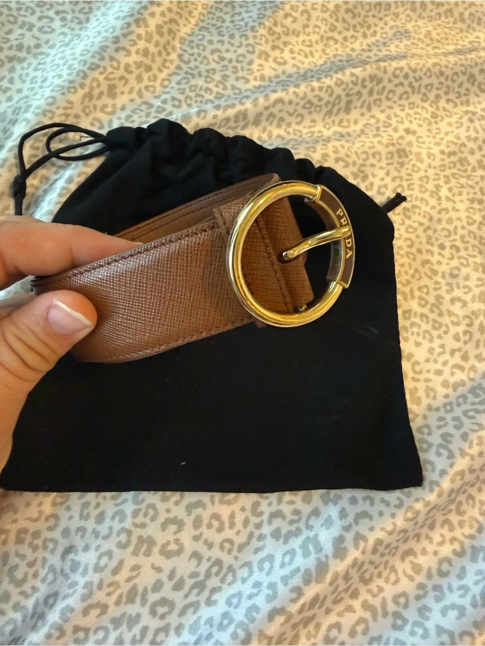 Prada Tan Saffiano Leather Belt with Gold Round Logo Buckle