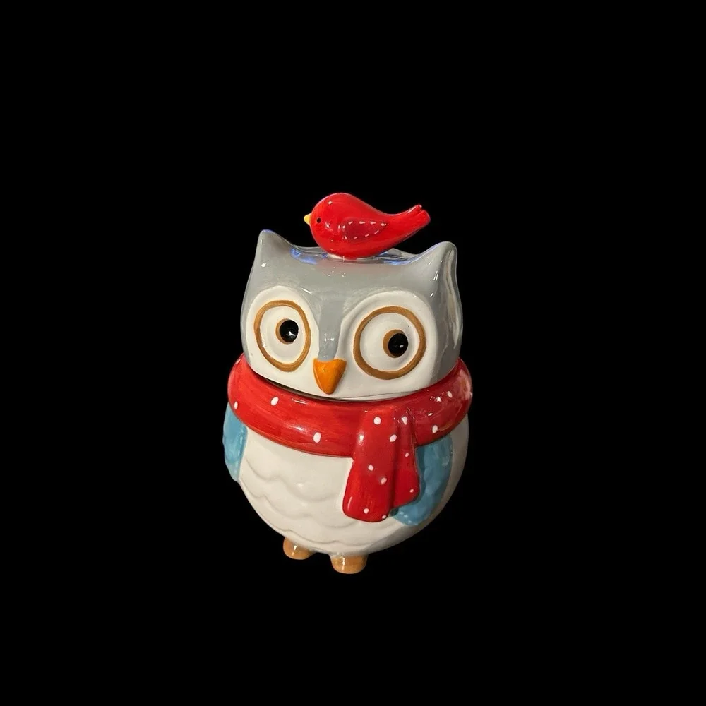 Boston Warehouse Snowy Owl Cookie Jar Red Scarf Bird Lid 9