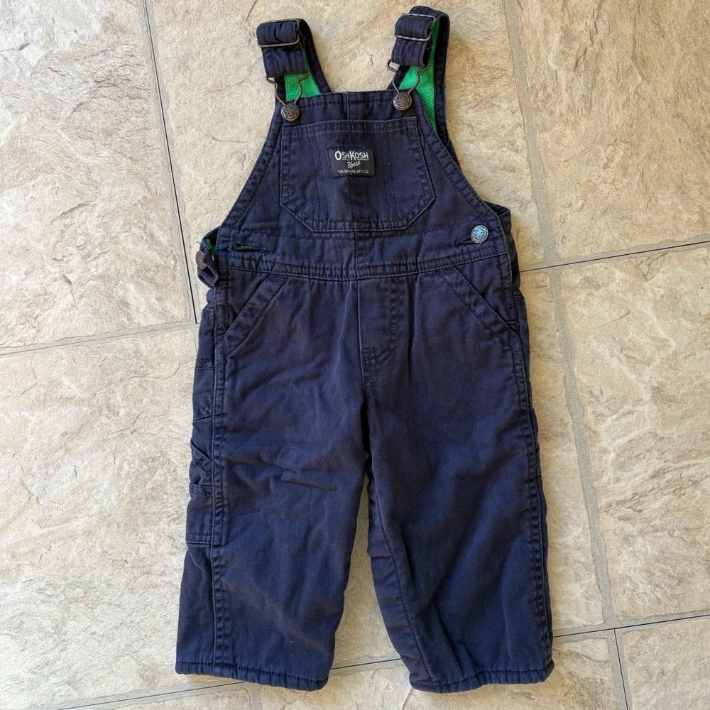 OshKosh B'gosh Navy Blue Kids Overalls Green Fleece Lined Size 9 Month