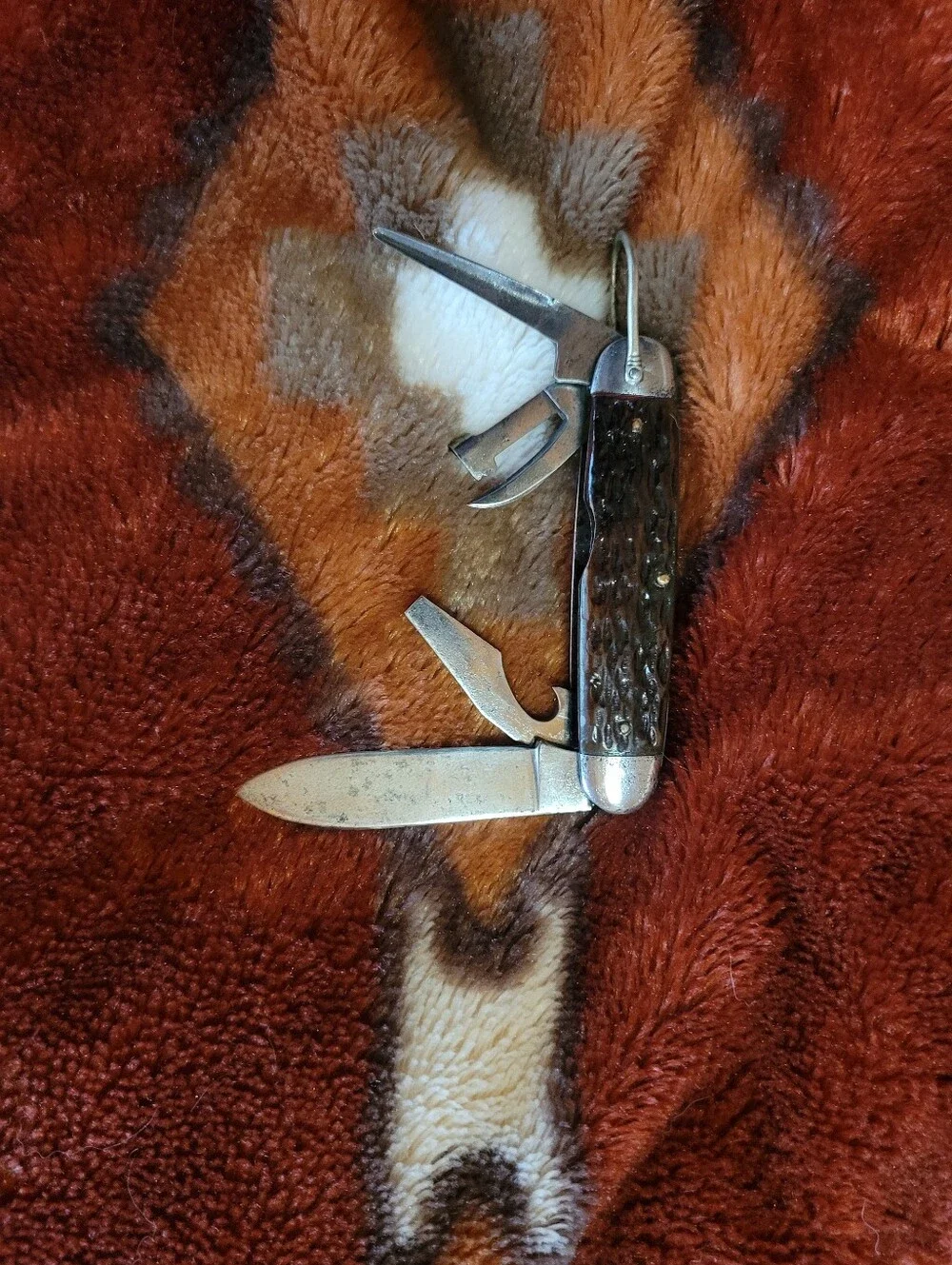 Pal Blade Co. WW2 Era 4 Blade Engineer Or Camp Knife With Brown Bone Scales USA.