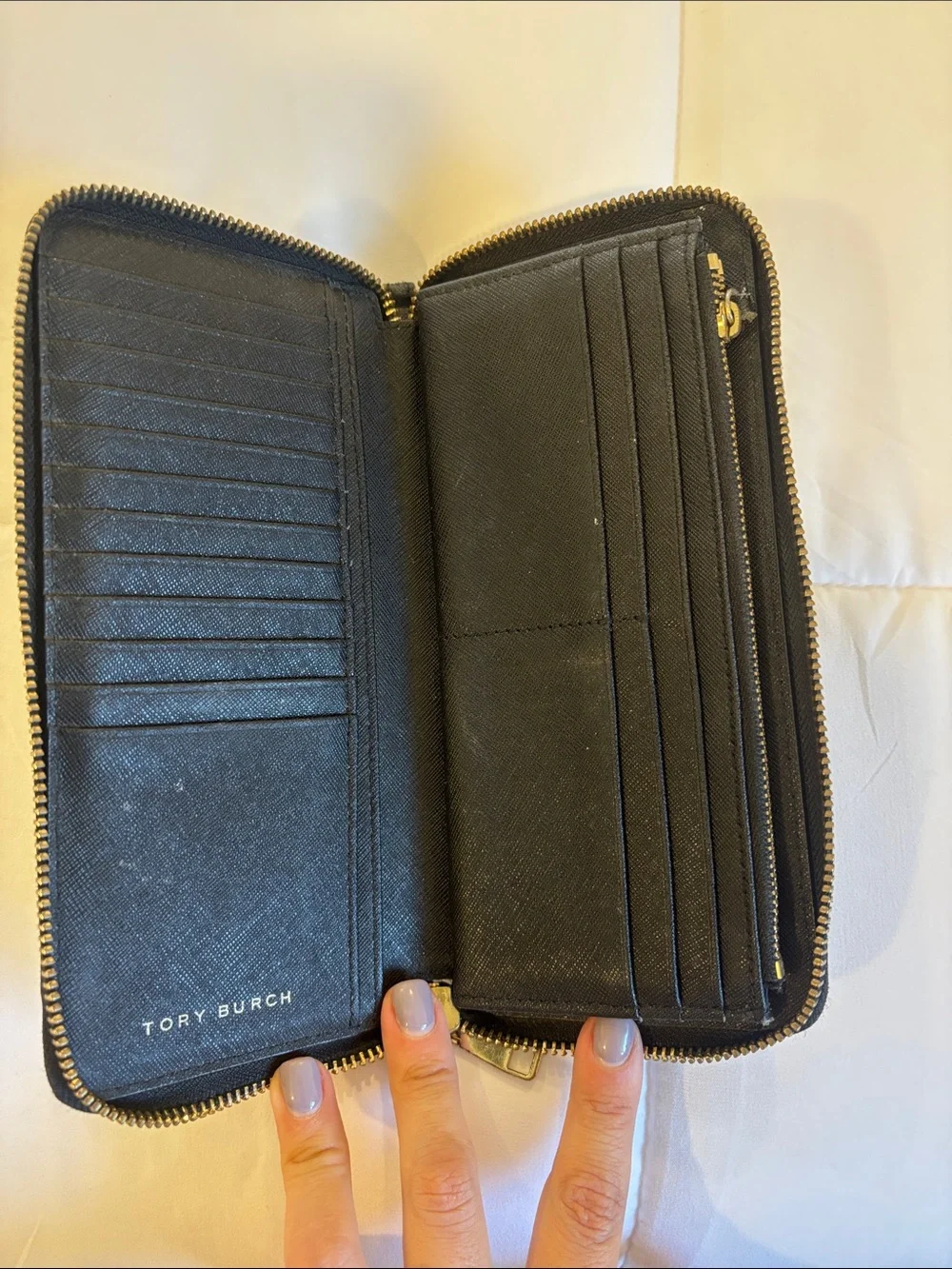 Tory Burch Black Zip-Around Saffiano Leather Wallet with Gold Logo