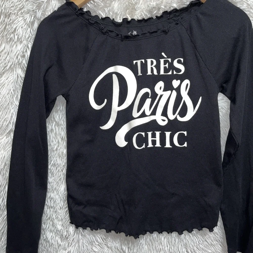 Justice Top Youth Girl Size 18/20 Black Knit Boat Neck Long Sleeve Graphic Tee