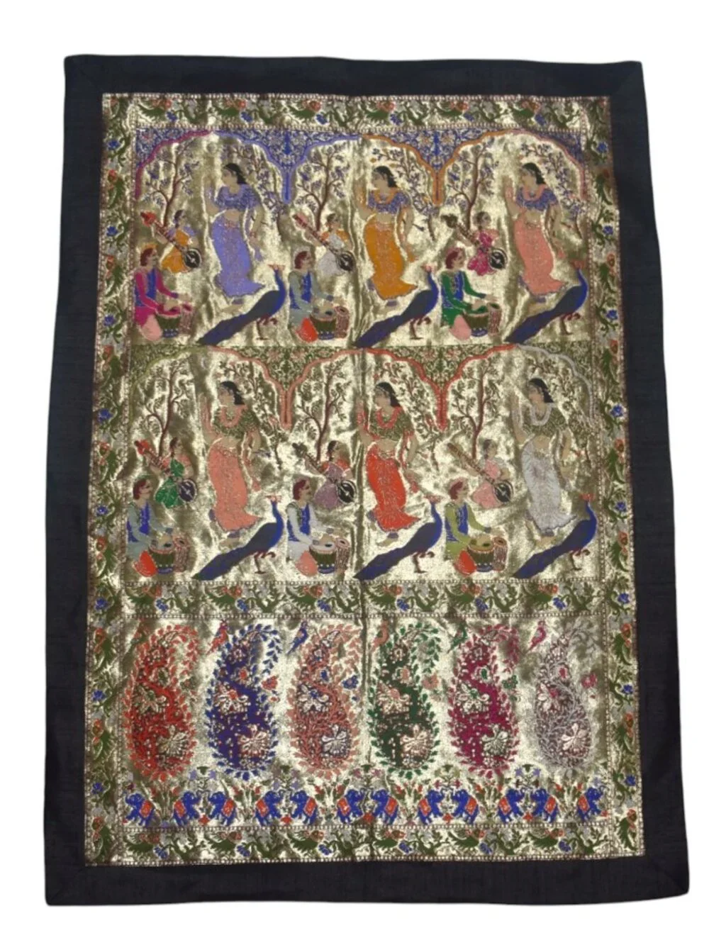 Indian Metallic Brocade Wall Hanging Tapestry Women Musicians Peacocks