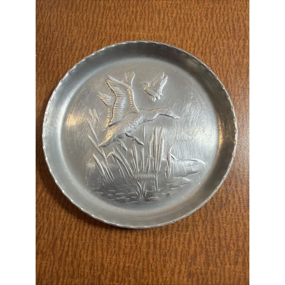 Vintage Aluminum Coaster Duck & Cattails Reeds Embossed Design