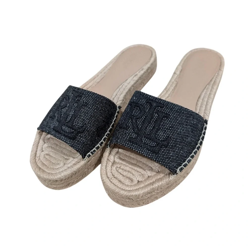 Lauren Ralph Lauren Polly Logo 2 Espadrille Slide Sandals‎ Natural Black 7B NIB