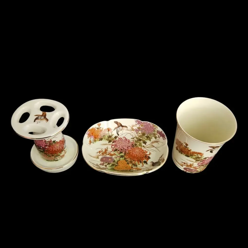Vintage Shibata Japan 3 Pc Porcelain Bathroom Vanity Set Floral Bird