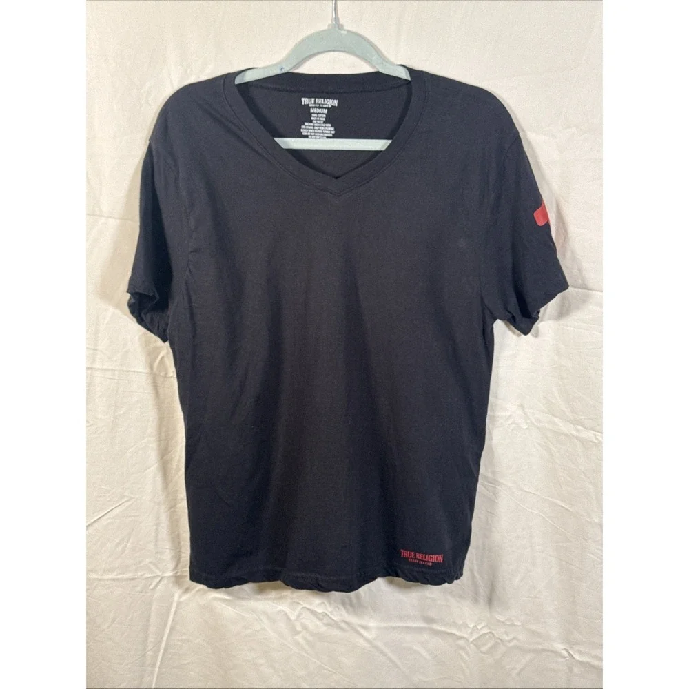 True‎ Religion T-Shirt Men Med Black V-Neck Short Sleeve Cotton Logo Casual Tee